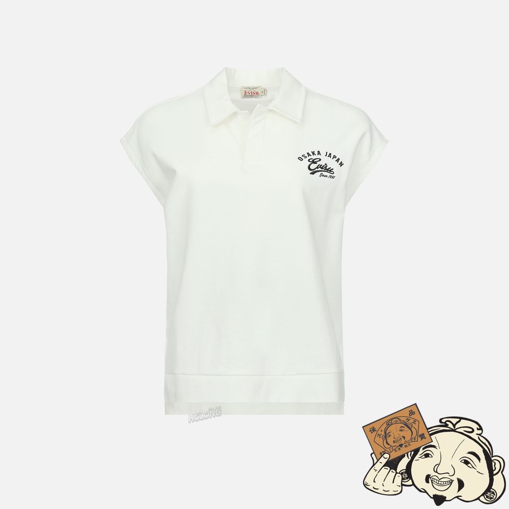 Women Evisu LOGO CALLIGRAPHY EMBROIDERY SLEEVELESS POLO SHIRT Blanche | 965ASKJXU