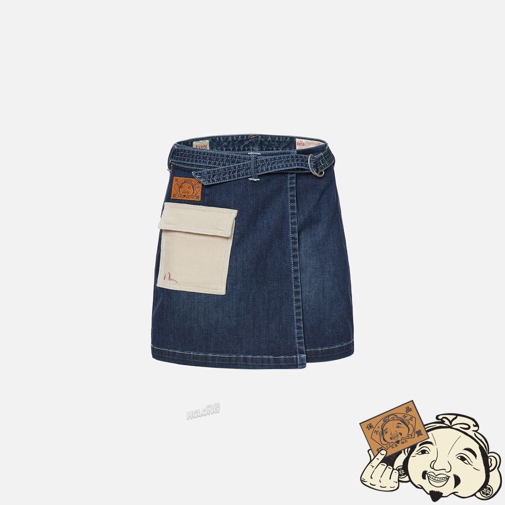 Women Evisu LOGO DENIM SKIRT WITH CARGO POCKET Indigo | 854EKOTMH