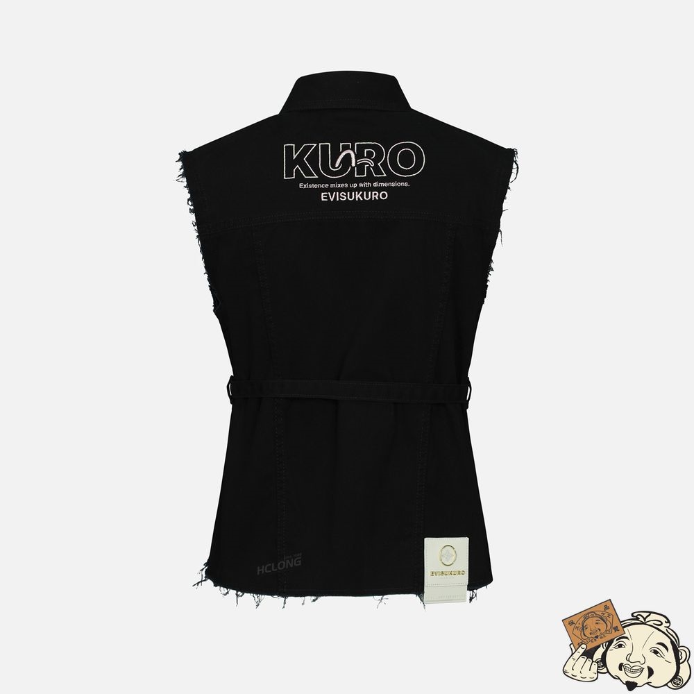 Women Evisu LOGO EMBROIDERY BELTED DENIM VEST Noir | 318JQEDXB