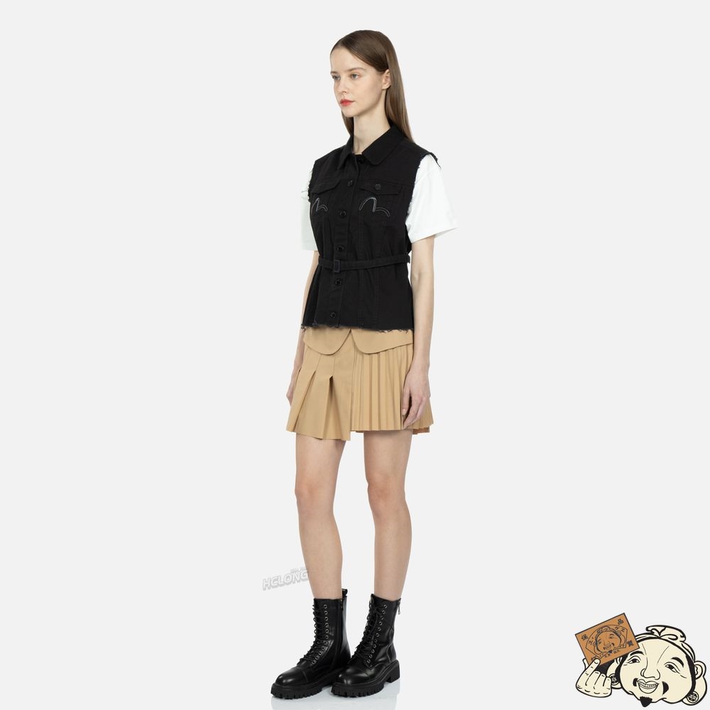 Women Evisu LOGO EMBROIDERY BELTED DENIM VEST Noir | 318JQEDXB