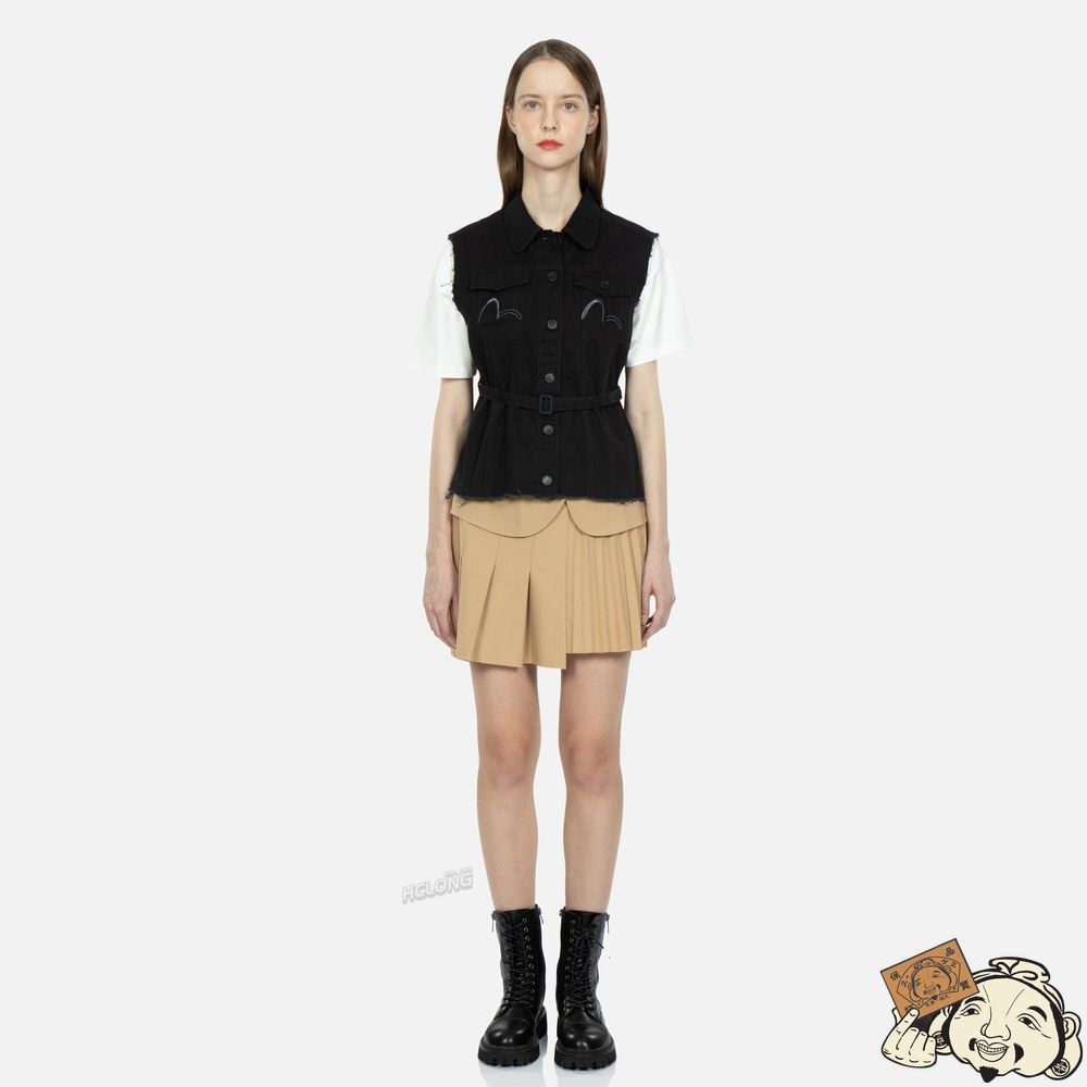 Women Evisu LOGO EMBROIDERY BELTED DENIM VEST Noir | 318JQEDXB