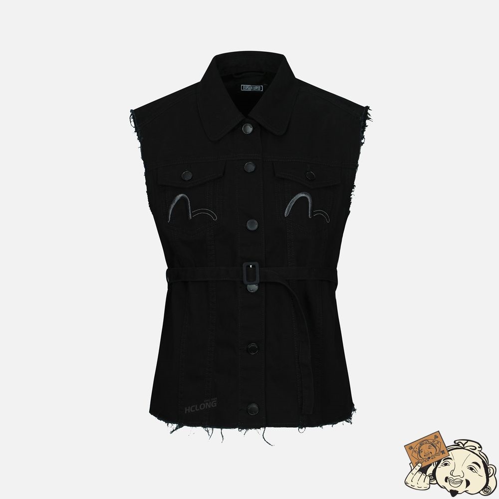 Women Evisu LOGO EMBROIDERY BELTED DENIM VEST Noir | 318JQEDXB
