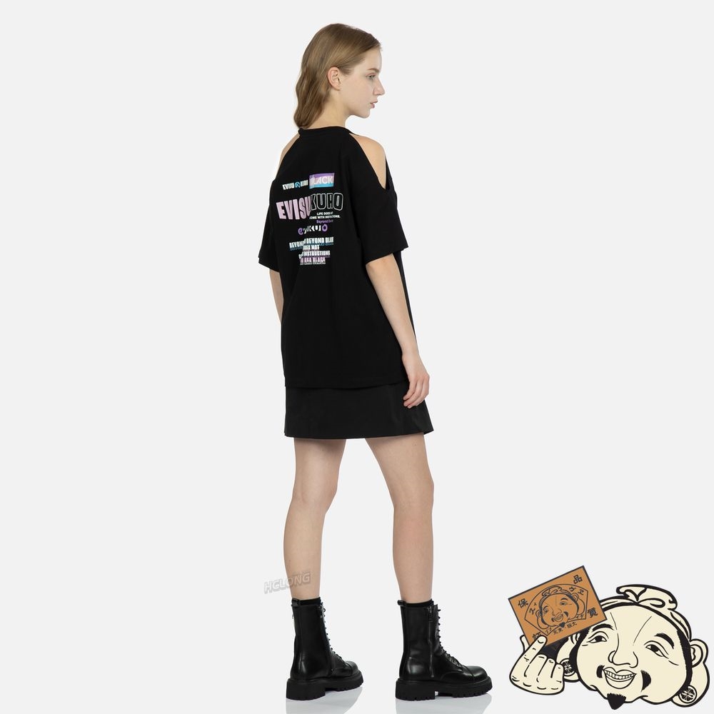 Women Evisu LOGO PRINT COLD-SHOULDER T-SHIRT Noir | 653JYWHOA