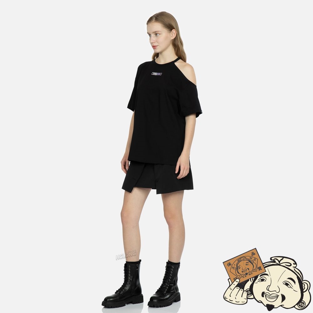 Women Evisu LOGO PRINT COLD-SHOULDER T-SHIRT Noir | 653JYWHOA