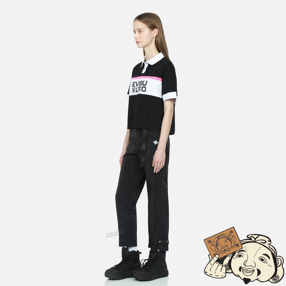 Women Evisu LOGO PRINT COLORBLOCK POLO SHIRT Noir | 259RYHWUC