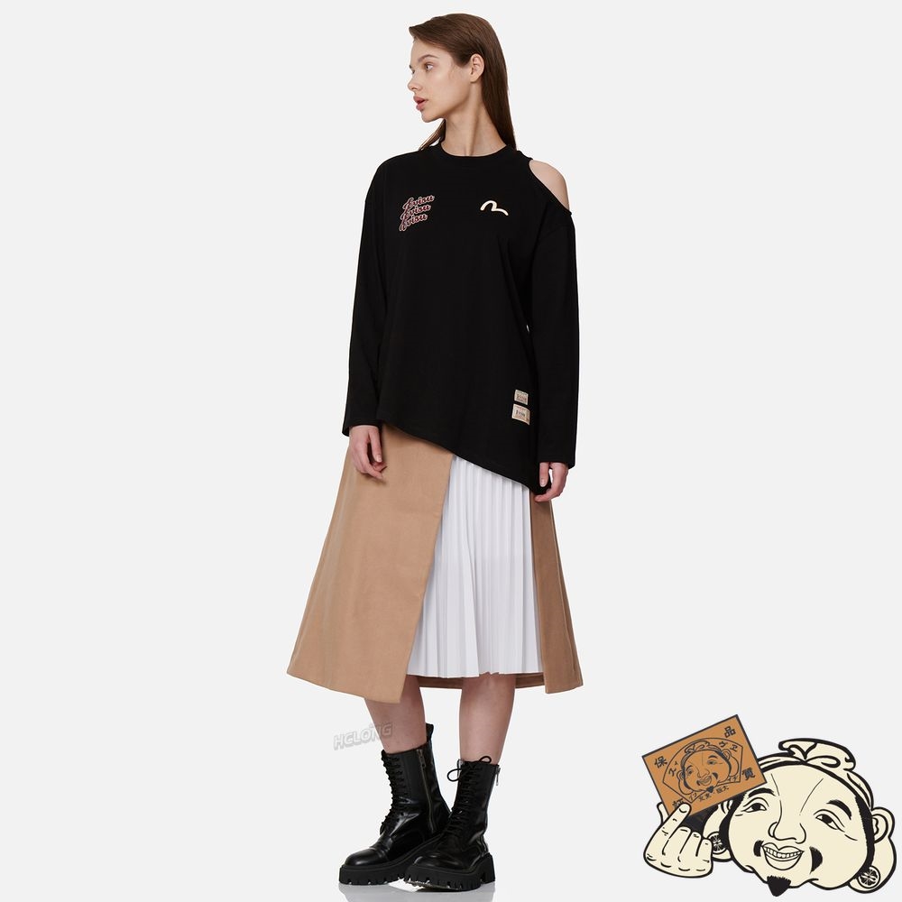 Women Evisu LOGO PRINT ONE-SHOULDER CUT-OUT T-SHIRT Noir | 697YPFENV