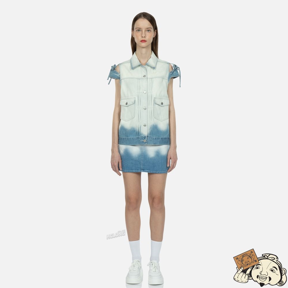 Women Evisu Logo Embroidery Bleached Denim Waistcoat Indigo | 630EMVYOG
