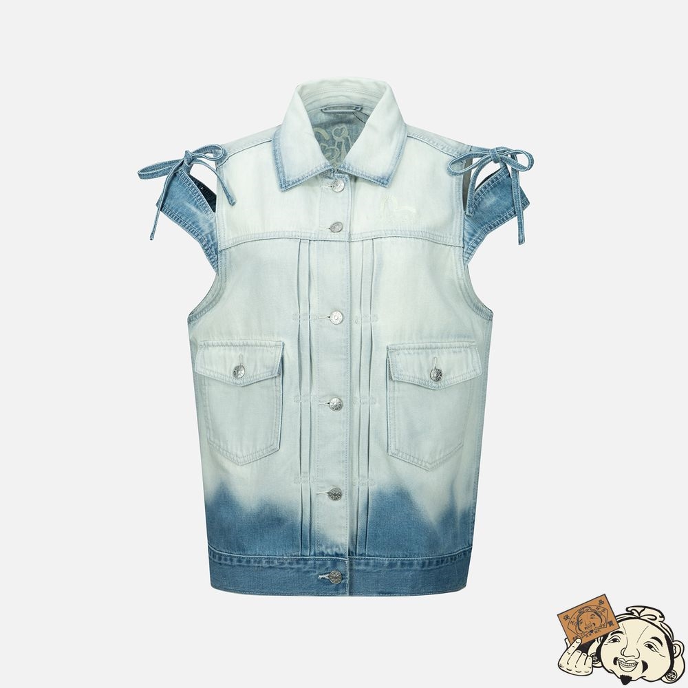 Women Evisu Logo Embroidery Bleached Denim Waistcoat Indigo | 630EMVYOG