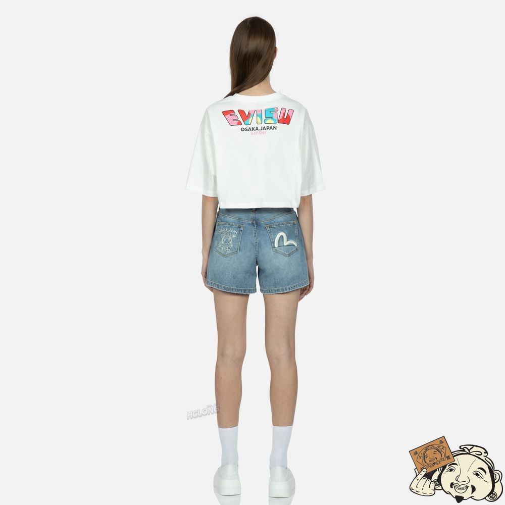 Women Evisu Logo Print Cropped T-shirt Blanche | 210UKIXMP