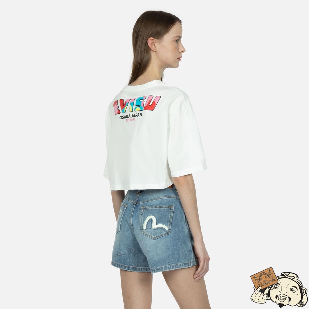 Women Evisu Logo Print Cropped T-shirt Blanche | 210UKIXMP