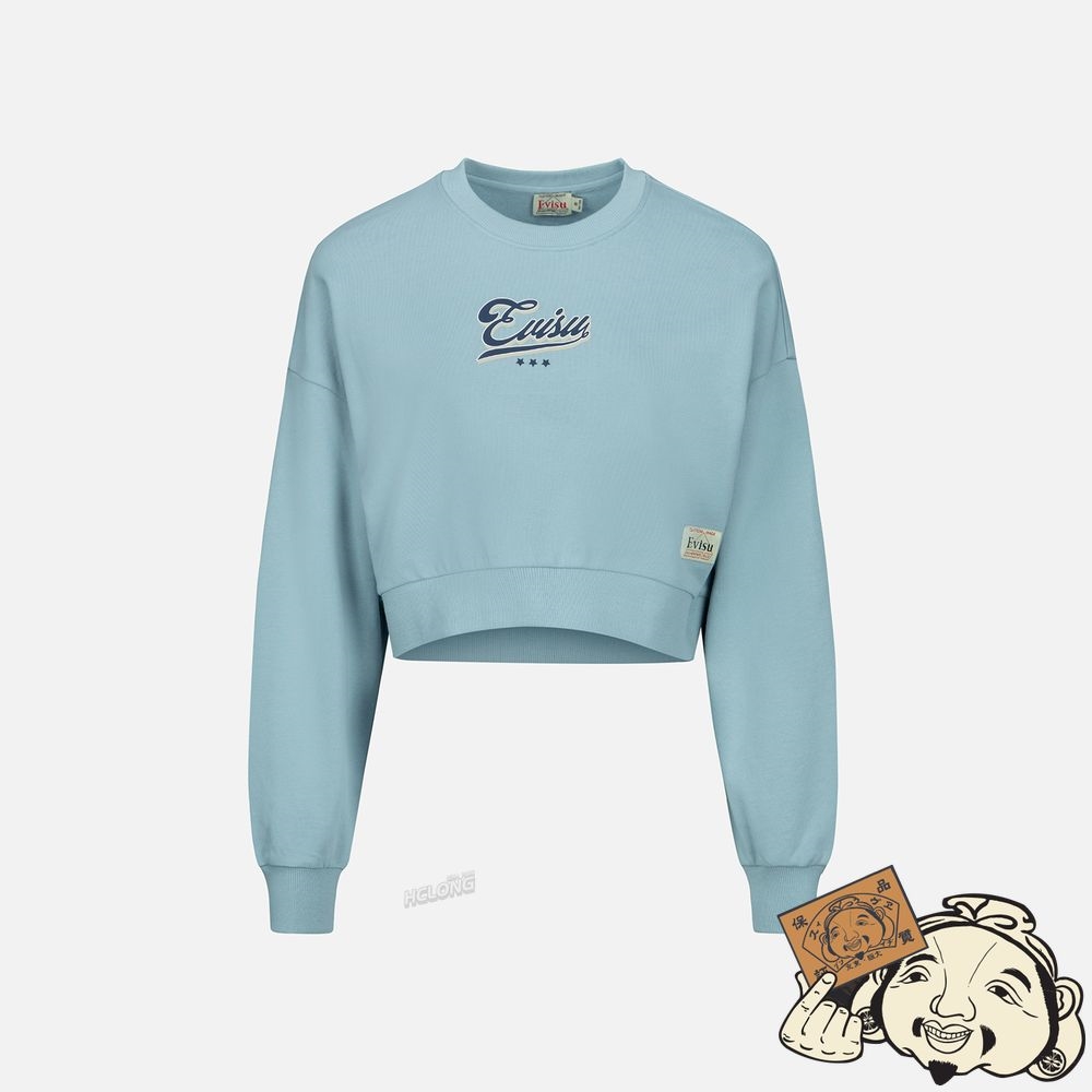 Women Evisu Logo and Godhead-pattern Seagull Embroidery Cropped Sweatshirt Bleu | 175TFBOVZ