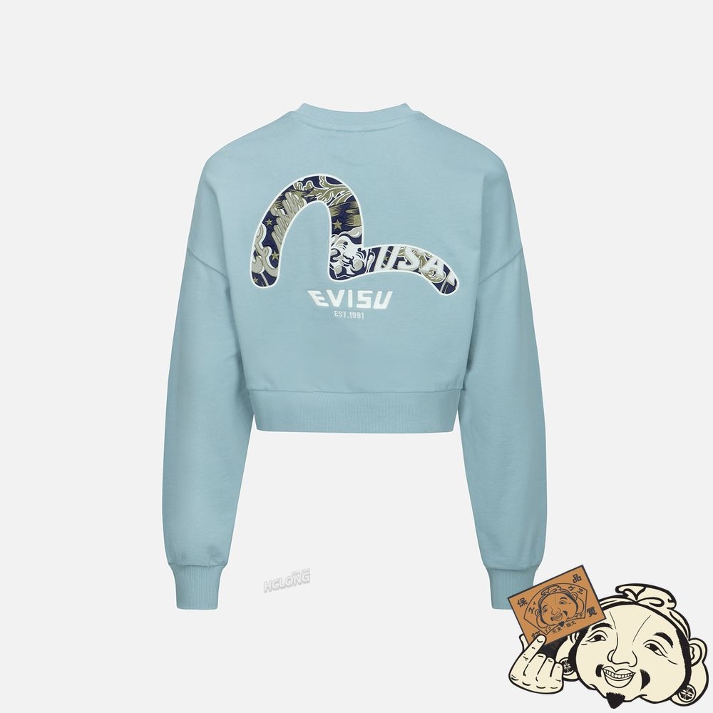 Women Evisu Logo and Godhead-pattern Seagull Embroidery Cropped Sweatshirt Bleu | 175TFBOVZ