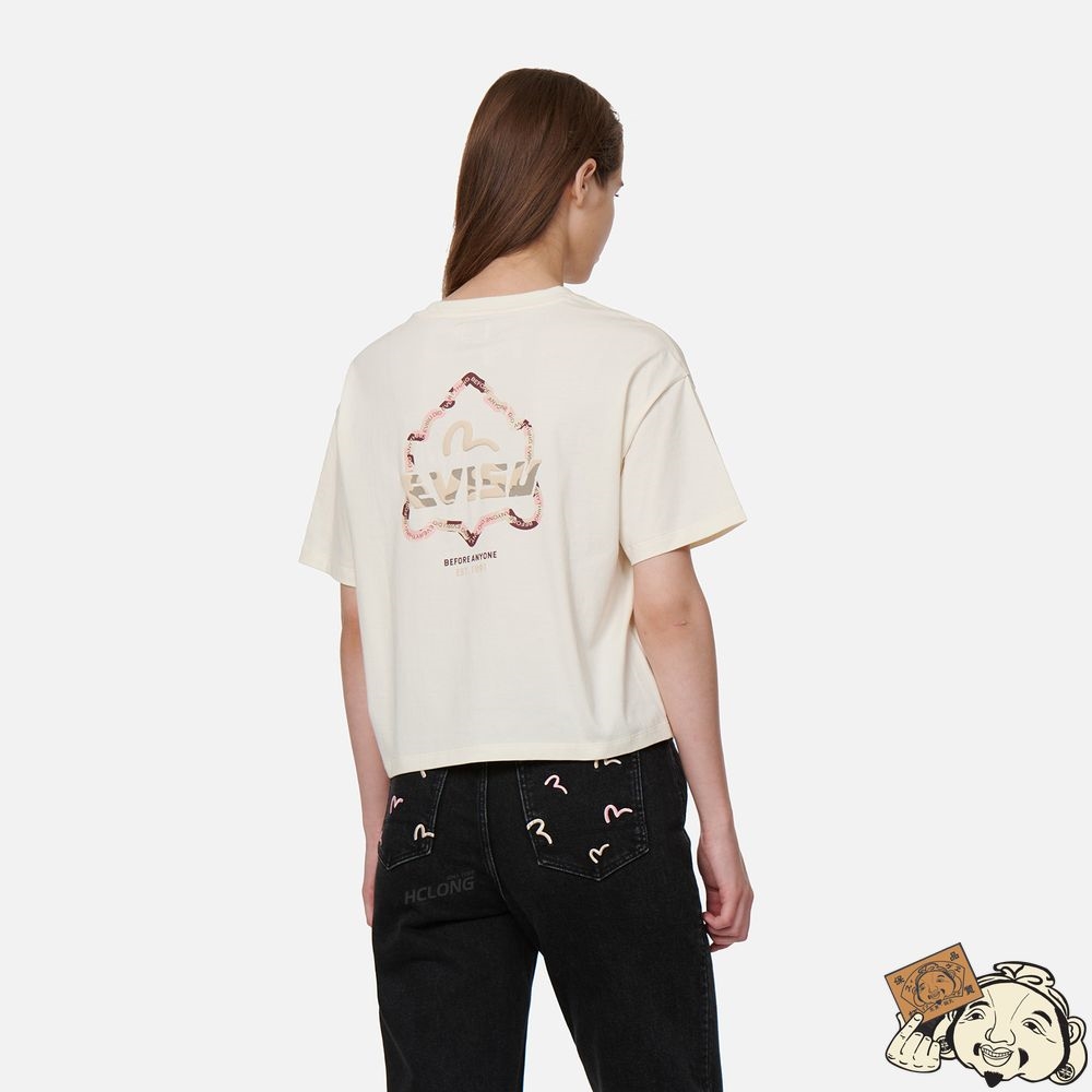Women Evisu OUTLINE GODHEAD PRINT T-SHIRT Beige | 650QMSINT