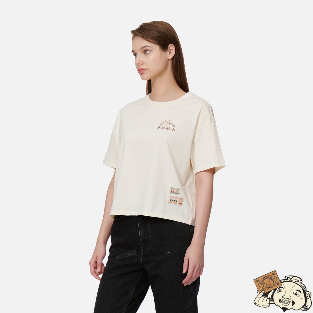Women Evisu OUTLINE GODHEAD PRINT T-SHIRT Beige | 650QMSINT
