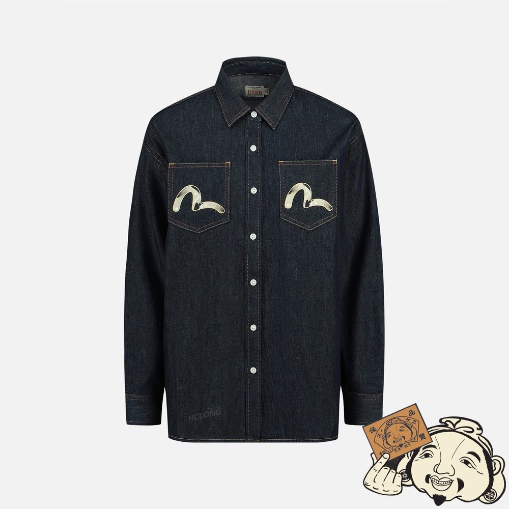 Women Evisu PEACOCK AND BROCADE FOIL-PRINT DENIM SHIRT Indigo | 714GZSHUI