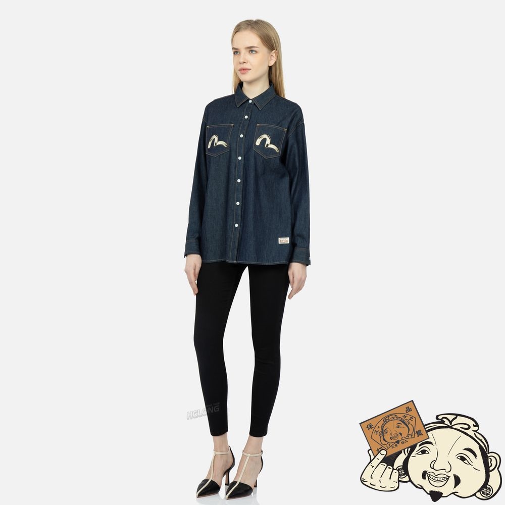 Women Evisu PEACOCK AND BROCADE FOIL-PRINT DENIM SHIRT Indigo | 714GZSHUI