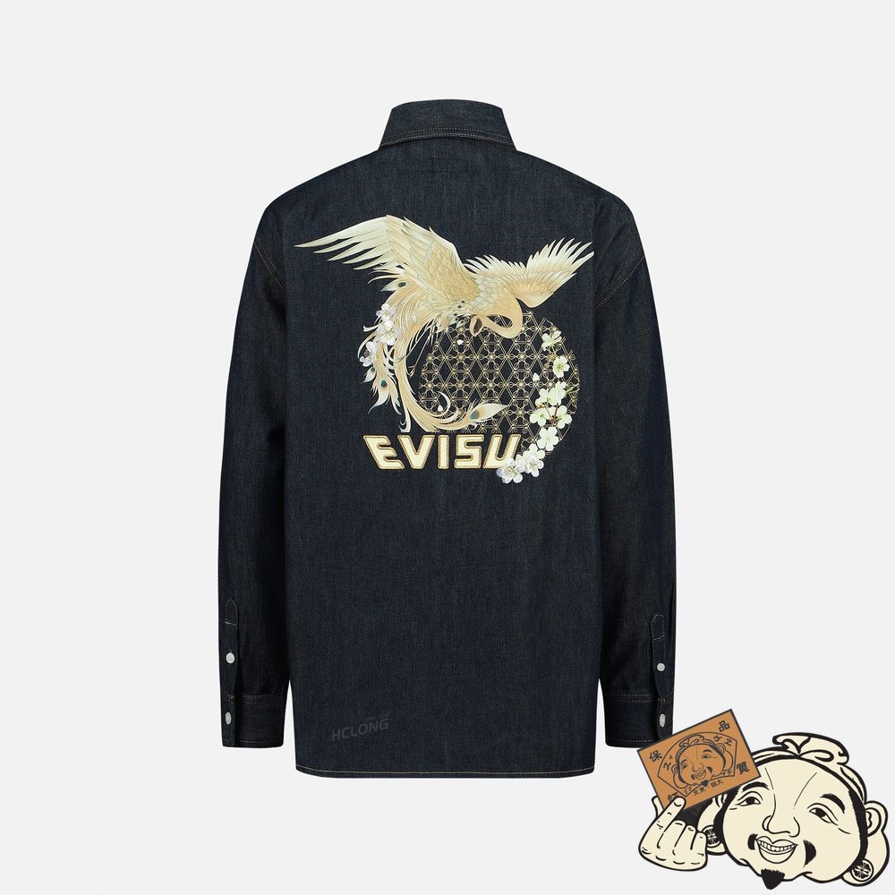 Women Evisu PEACOCK AND BROCADE FOIL-PRINT DENIM SHIRT Indigo | 714GZSHUI