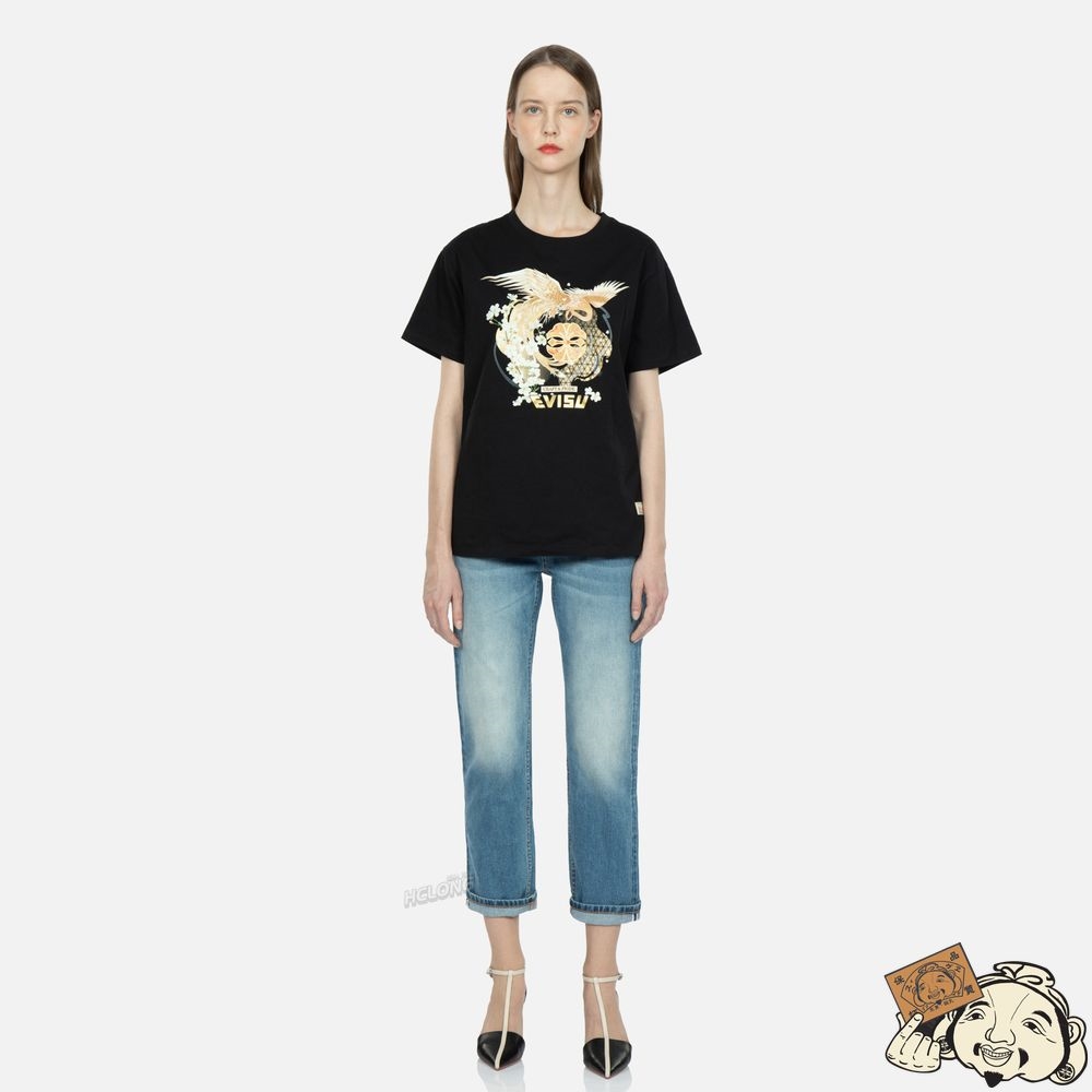 Women Evisu Peacock and Sakura Print T-shirt Noir | 280VONJLS