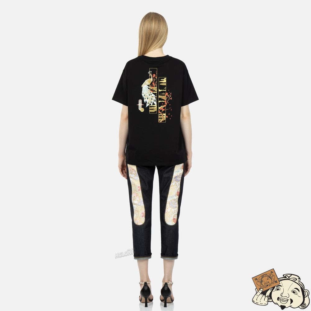 Women Evisu Peacock and Tsubaki Print Boyfriend T-shirt Noir | 317WYTQUX