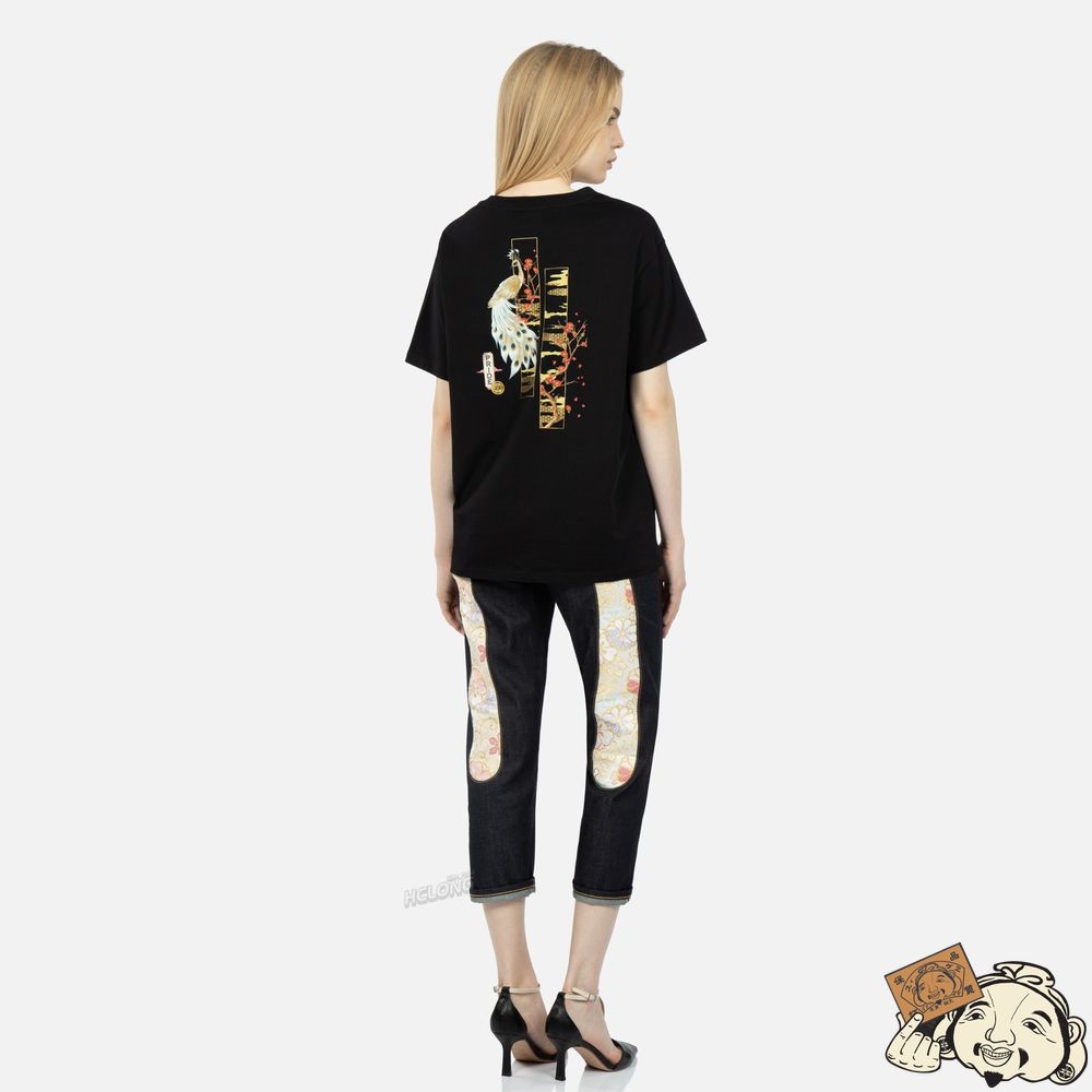 Women Evisu Peacock and Tsubaki Print Boyfriend T-shirt Noir | 317WYTQUX
