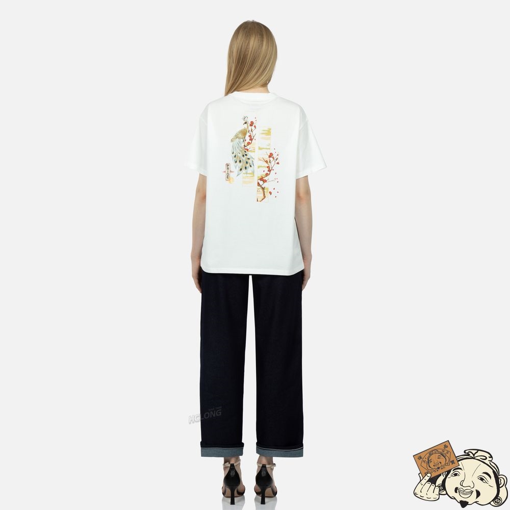Women Evisu Peacock and Tsubaki Print Boyfriend T-shirt Blanche | 978RJUDAK