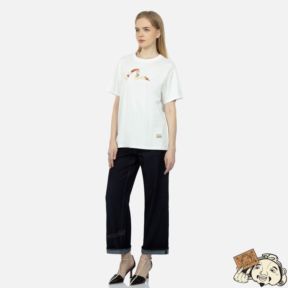 Women Evisu Peacock and Tsubaki Print Boyfriend T-shirt Blanche | 978RJUDAK