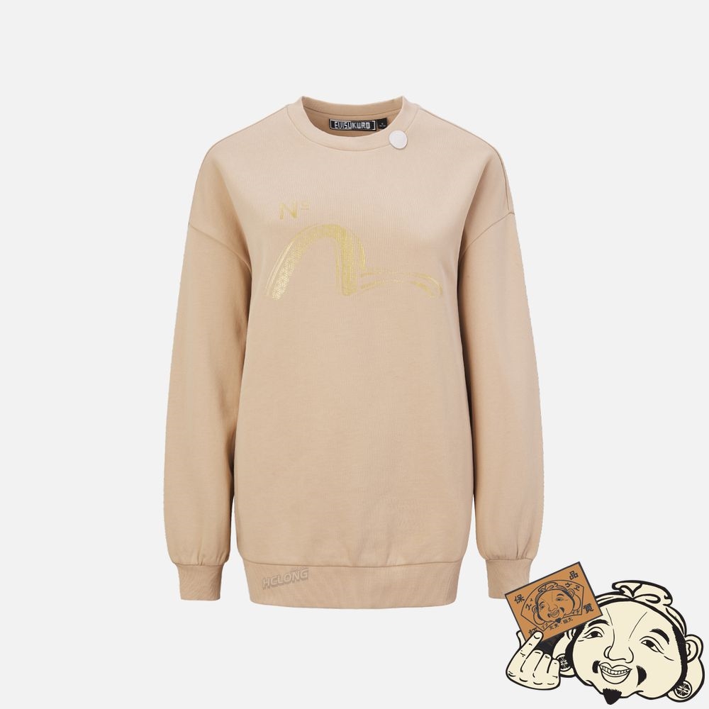 Women Evisu SASHIKO SEAGULL AND KAMON PRINT OVERSIZE SWEATSHIRT Kaki | 857AVBYUJ