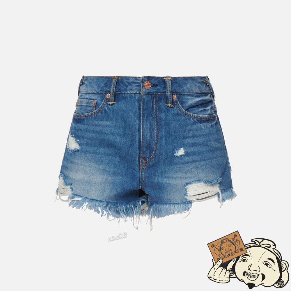 Women Evisu SEAGULL AND GODHEAD PRINT DENIM SHORTS Indigo | 768UCGHPT