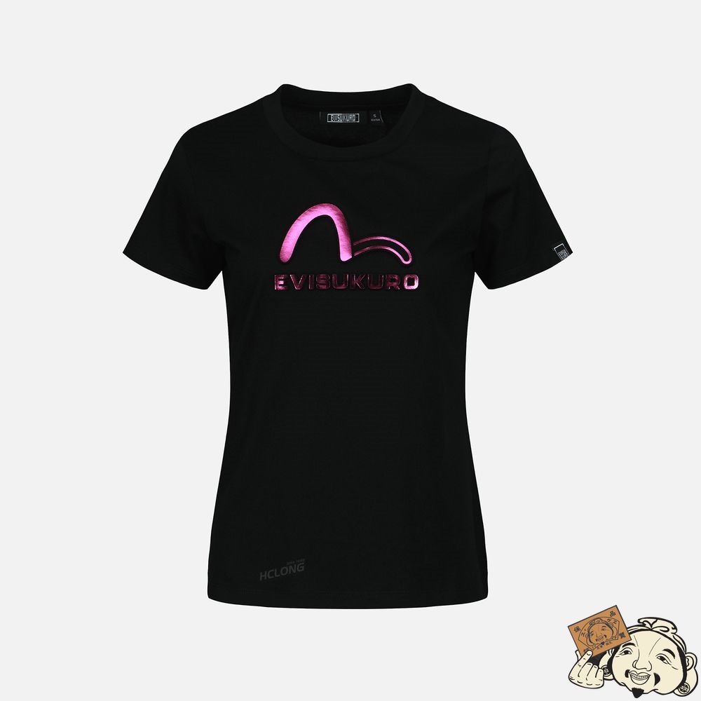 Women Evisu SEAGULL AND LOGO EMBOSSED T-SHIRT Noir | 867YGCBUR
