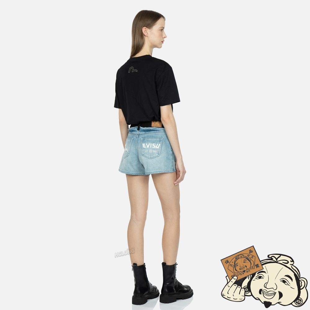 Women Evisu SEAGULL AND LOGO EMBROIDERY RECONSTRUCTED DENIM SHORTS Indigo | 732WVITXE