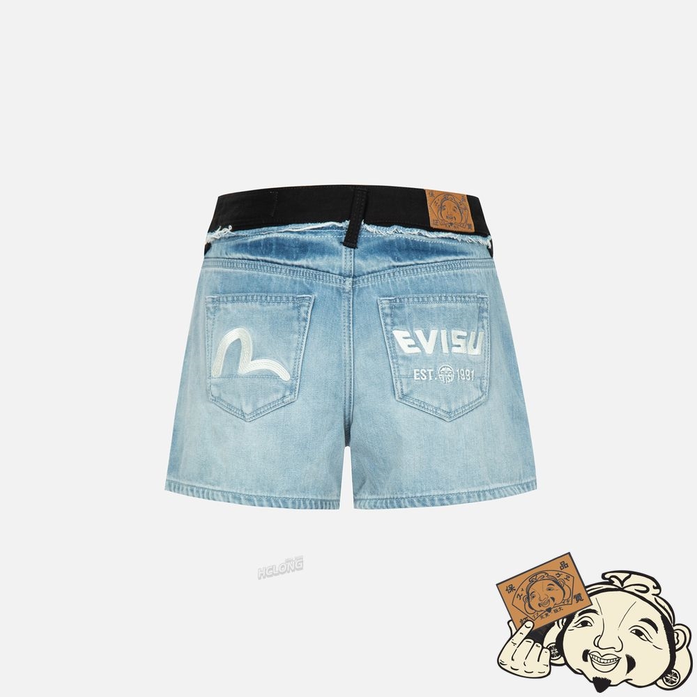 Women Evisu SEAGULL AND LOGO EMBROIDERY RECONSTRUCTED DENIM SHORTS Indigo | 732WVITXE