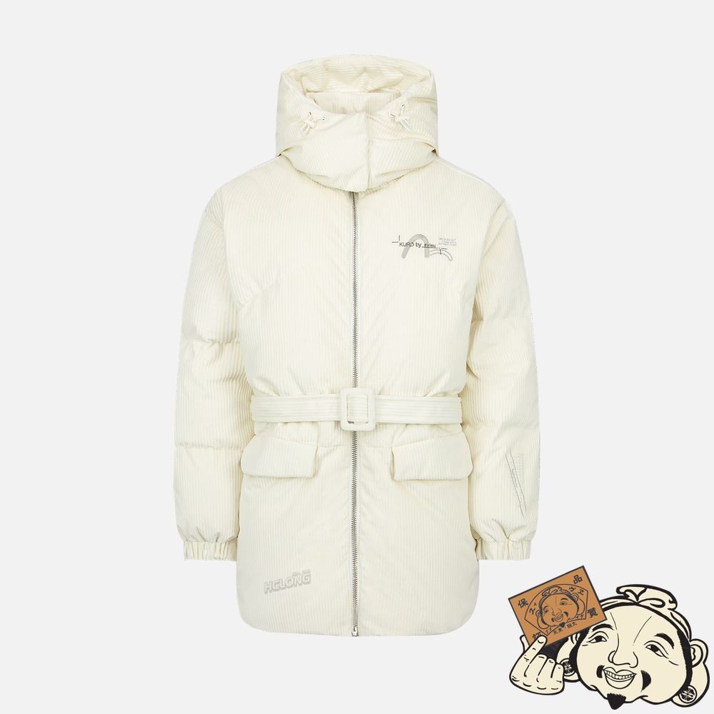 Women Evisu SEAGULL EMBROIDERY CORDUROY BELTED DOWN JACKET Blanche | 396MNBVEX