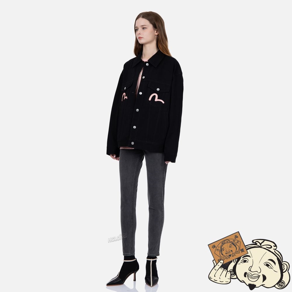Women Evisu SEAGULL EMBROIDERY DENIM JACKET Noir | 206AJYKUR