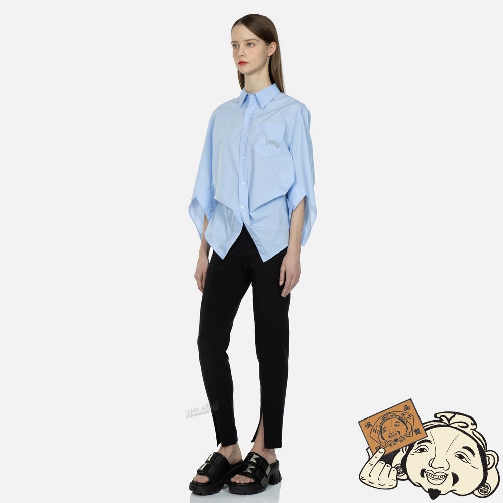 Women Evisu SEAGULL EMBROIDERY NOTCHED-SLEEVES SHIRT Bleu | 026HESWQF