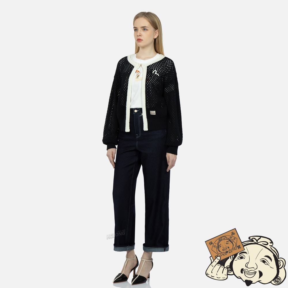Women Evisu SEAGULL EMBROIDERY OPEN-KNITTED CARDIGAN Noir | 190KRXPSI