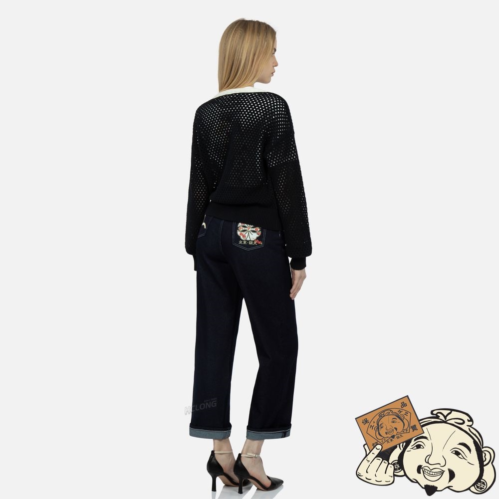 Women Evisu SEAGULL EMBROIDERY OPEN-KNITTED CARDIGAN Noir | 190KRXPSI