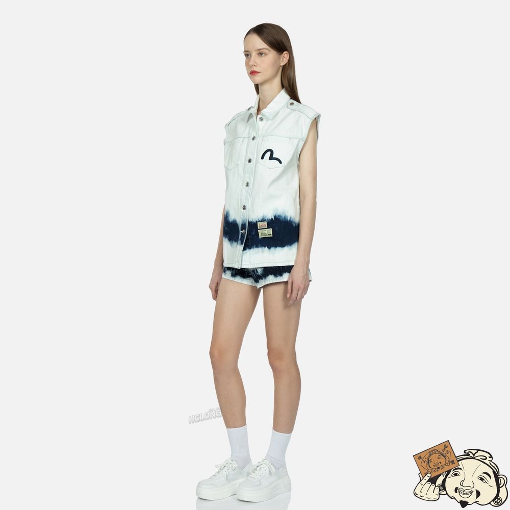 Women Evisu SEAGULL EMBROIDERY TIE-BLEACH DENIM VEST JACKET Indigo | 018EFWLSY