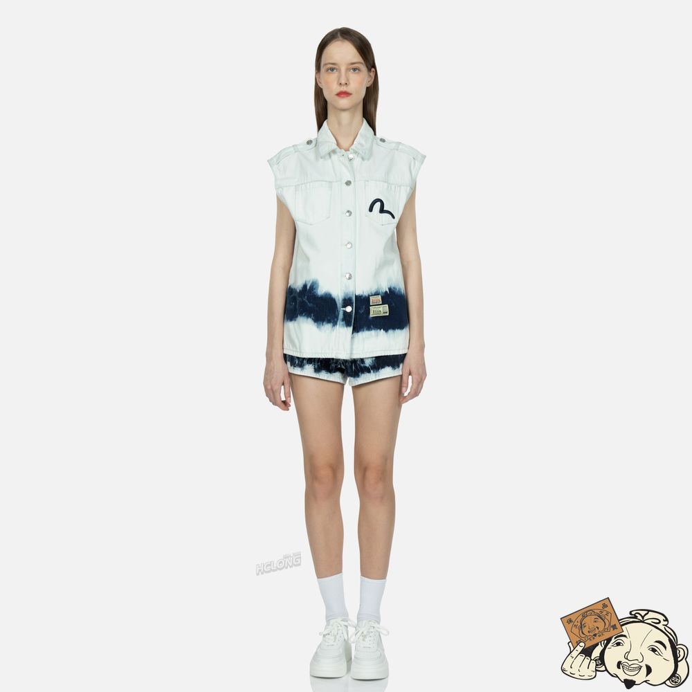 Women Evisu SEAGULL EMBROIDERY TIE-BLEACH DENIM VEST JACKET Indigo | 018EFWLSY