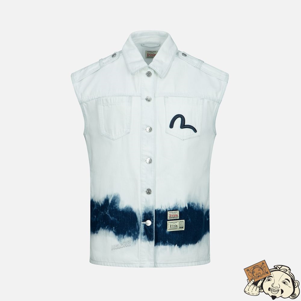Women Evisu SEAGULL EMBROIDERY TIE-BLEACH DENIM VEST JACKET Indigo | 018EFWLSY