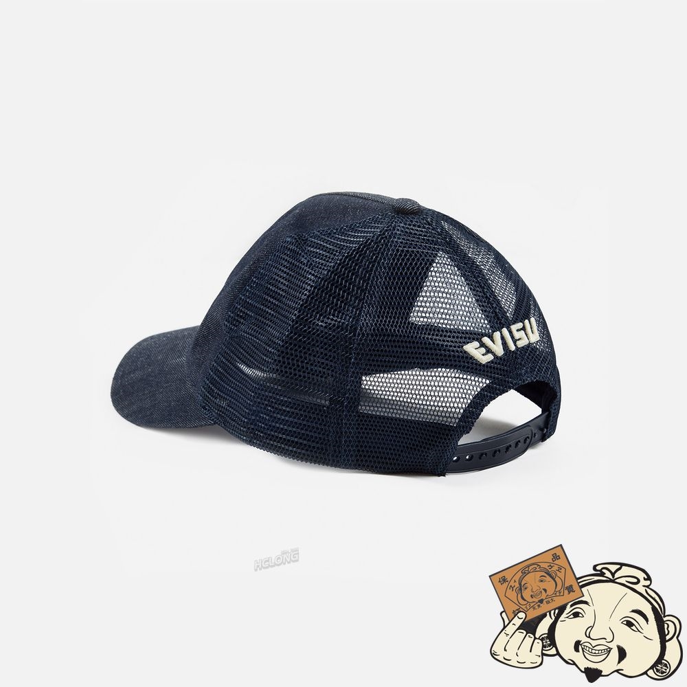 Women Evisu SEAGULL PRINT DENIM AND MESH TRUCKER HAT Indigo | 327HXSZTO