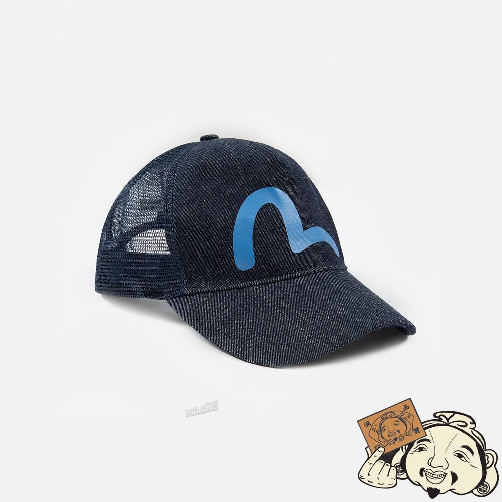 Women Evisu SEAGULL PRINT DENIM AND MESH TRUCKER HAT Indigo | 327HXSZTO