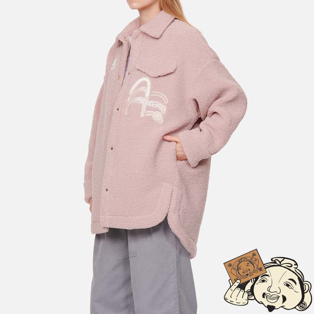 Women Evisu TRIPLE SEAGULL EMBROIDERED LIGHT-PADDED SHERPA FLEECE SHIRT JACKET Rose | 350VWXOIH