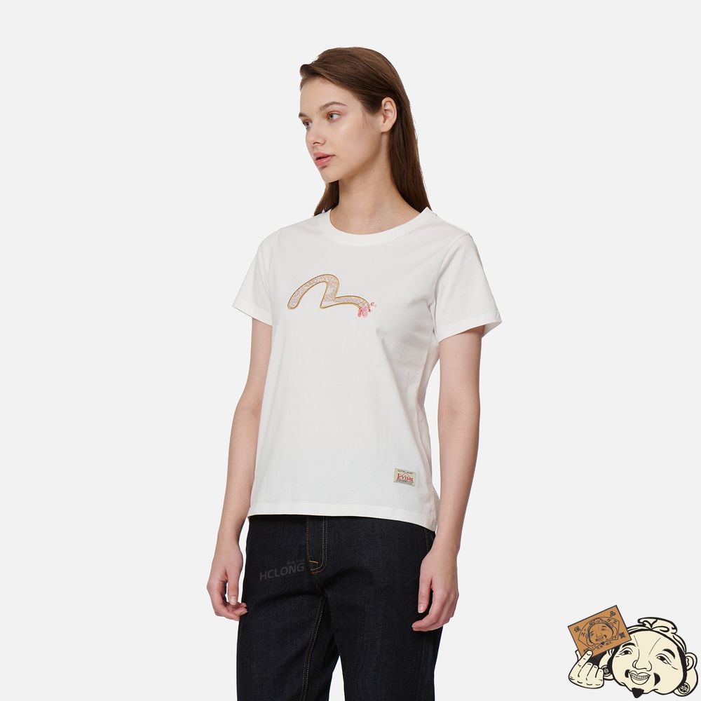 Women Evisu WAVE-PATTERN SEAGULL EMBROIDERY T-SHIRT Blanche | 571AEYIRK