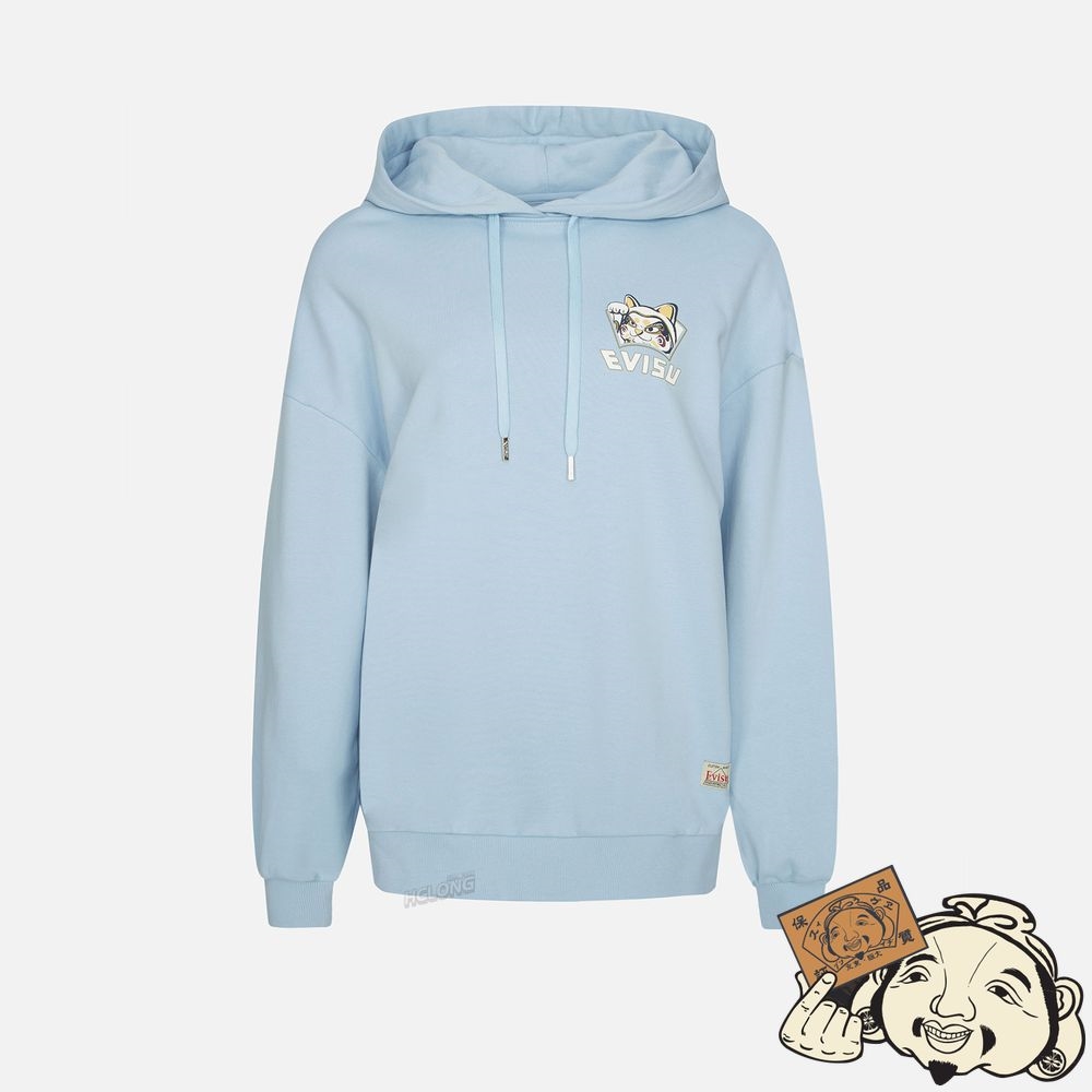 Women Evisu “FORTUNE CAT AND DARUMA” DOUBLE DAICOCK PRINT HOODED SWEATSHIRT Bleu | 602NBTOZC