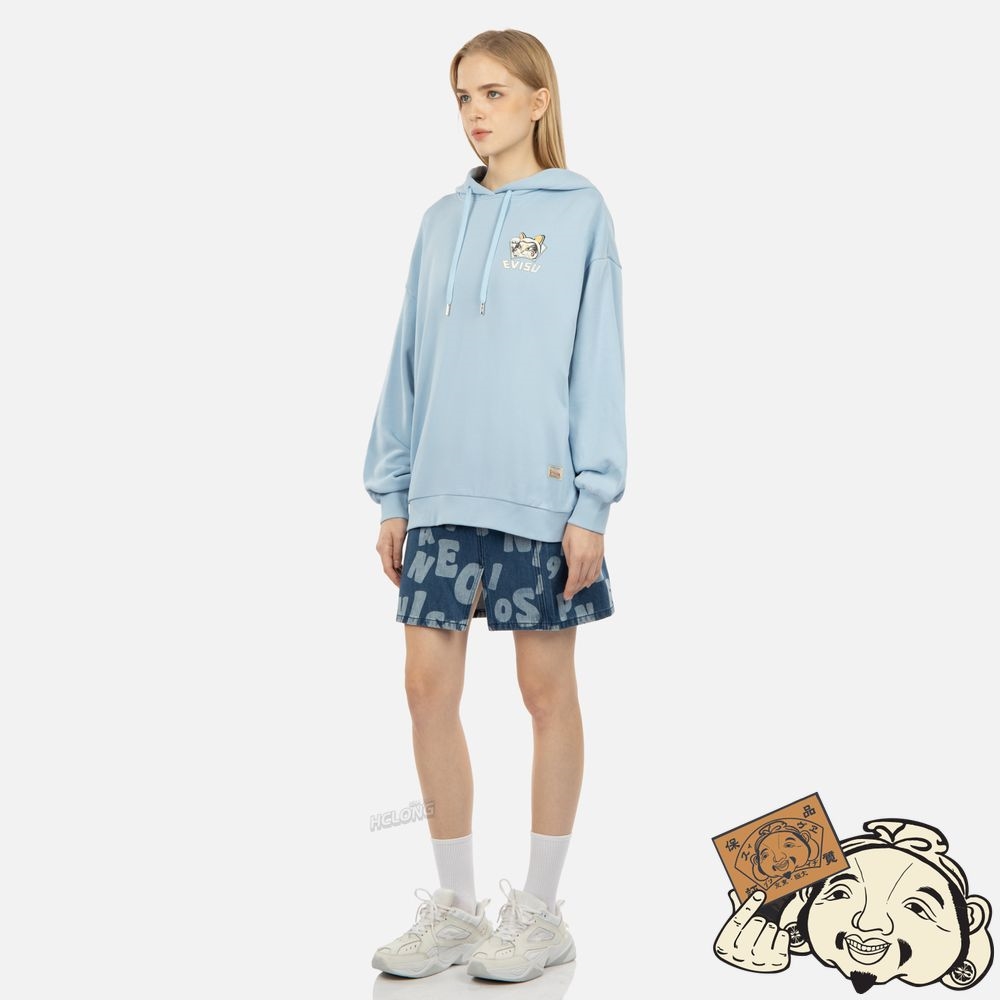 Women Evisu “FORTUNE CAT AND DARUMA” DOUBLE DAICOCK PRINT HOODED SWEATSHIRT Bleu | 602NBTOZC