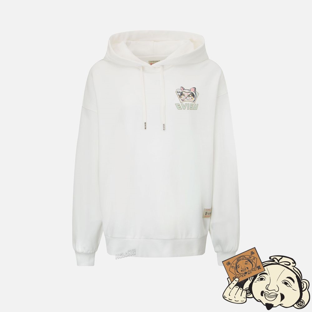 Women Evisu “FORTUNE CAT AND DARUMA” DOUBLE DAICOCK PRINT HOODED SWEATSHIRT Blanche | 968RUQYIT