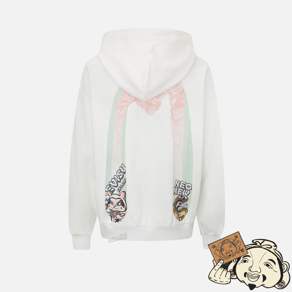 Women Evisu “FORTUNE CAT AND DARUMA” DOUBLE DAICOCK PRINT HOODED SWEATSHIRT Blanche | 968RUQYIT